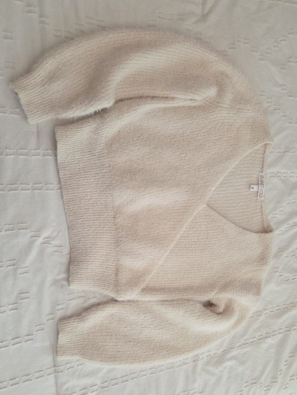 Planet Gold Cream V-Neck Fuzzy Knit Sweater
